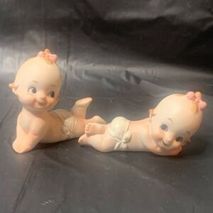 2 Baby Figurines with Pink Bows in Diapers On Belly Kicking Feet Vintage Cute